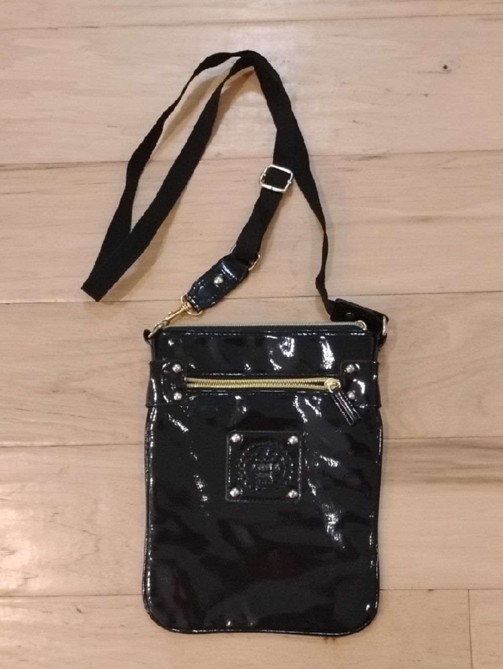Anna Sui Black Patent Crossbody with Gold Stud Accents